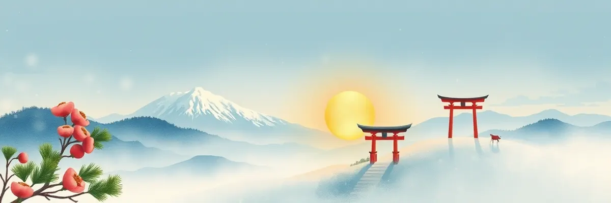 1月の季節の絵(初日の出と松・紅梅)