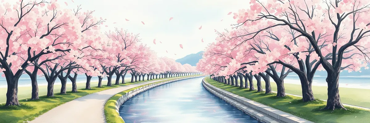 4月の季節の絵(川沿いの満開の桜)
