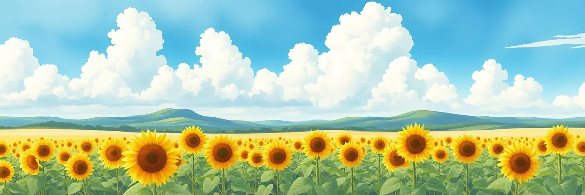 8月の季節の絵(ひまわり畑と入道雲)