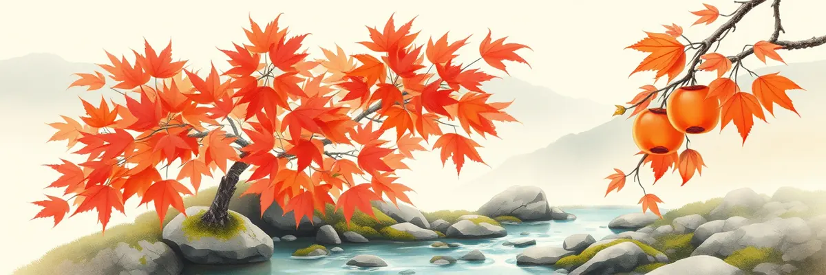 10月の季節の絵(紅葉と渓流)