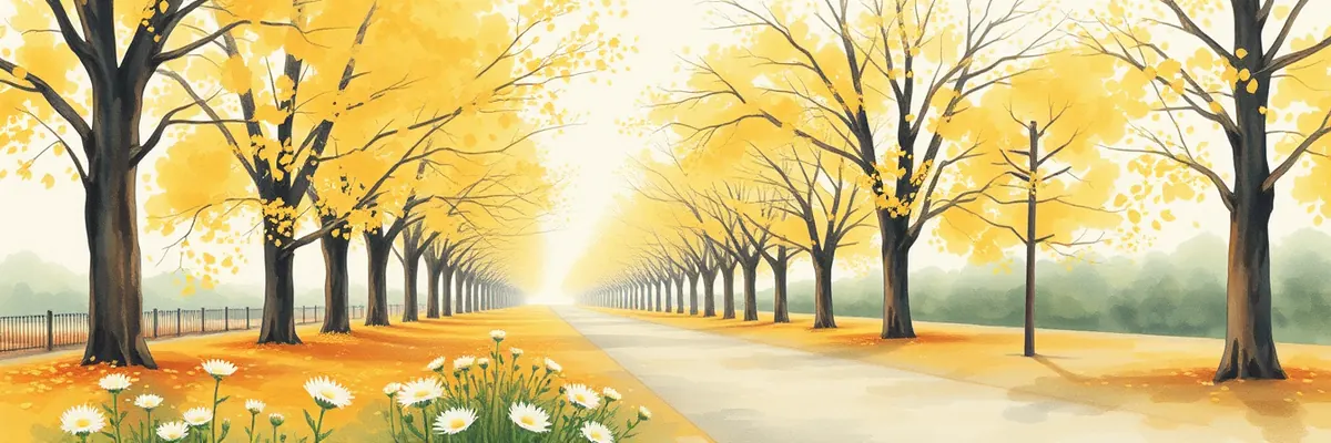11月の季節の絵(いちょう並木と菊)