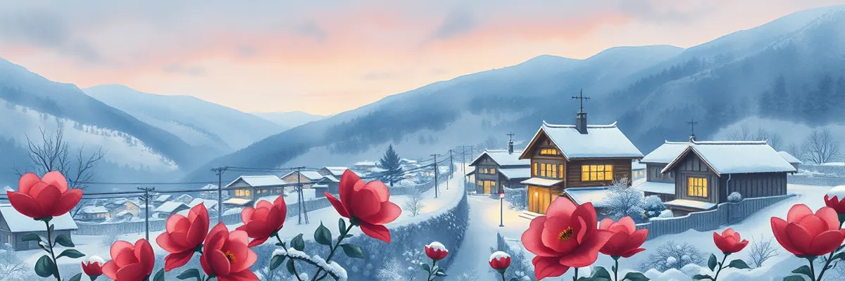 12月の季節の絵(雪の里と寒椿)