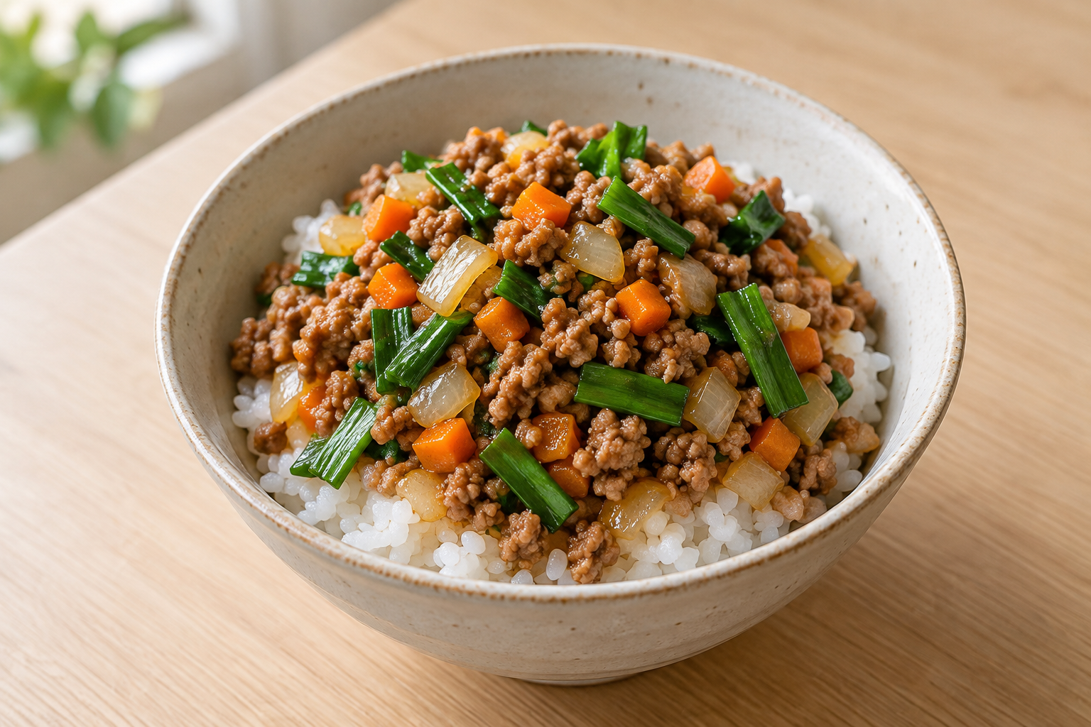 豚ひき肉とにらのそぼろ丼の生成した参考画像